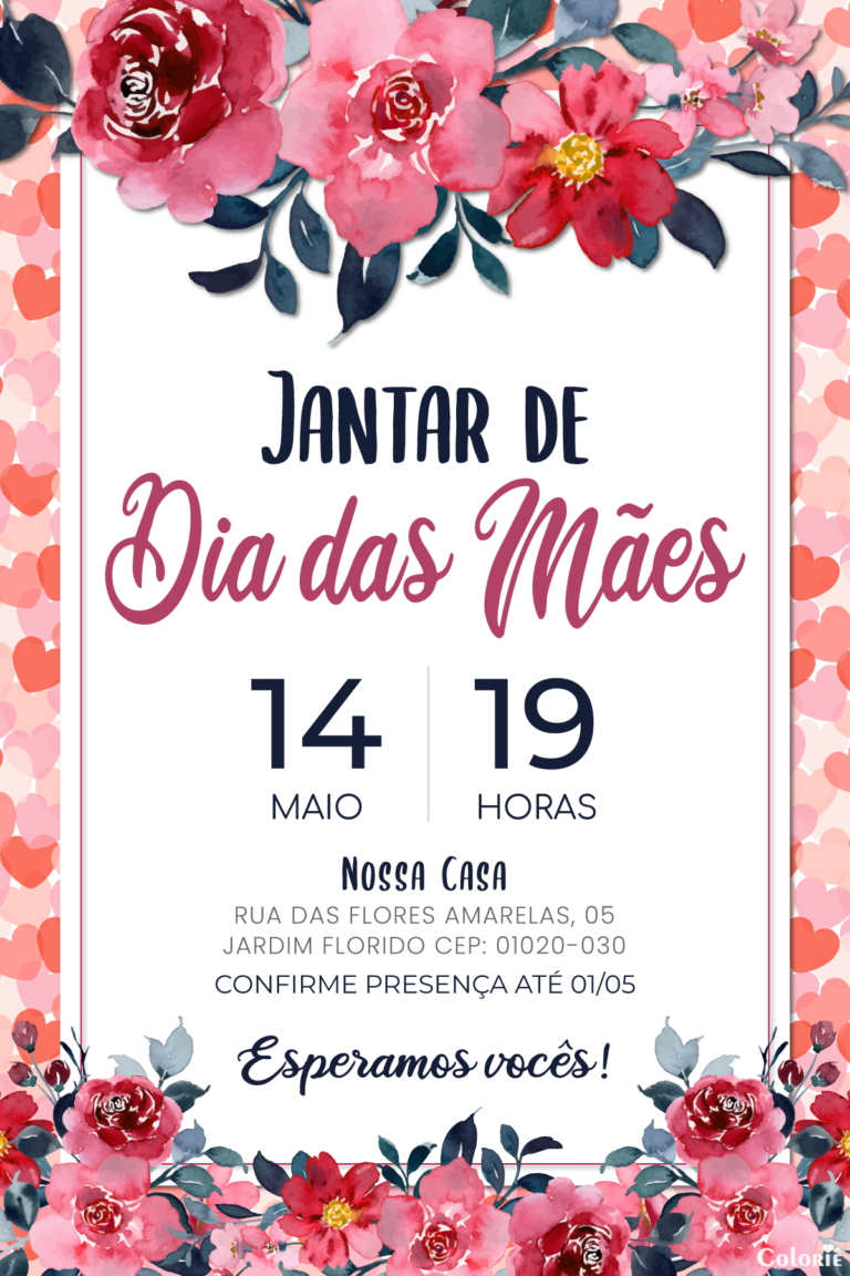 Convite digital de Dia das Mães com corações e flores