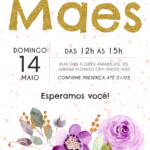 Convite digital de Dia das Mães dourado com flor lilás