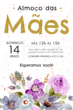 Convite digital de Dia das Mães dourado com flor lilás