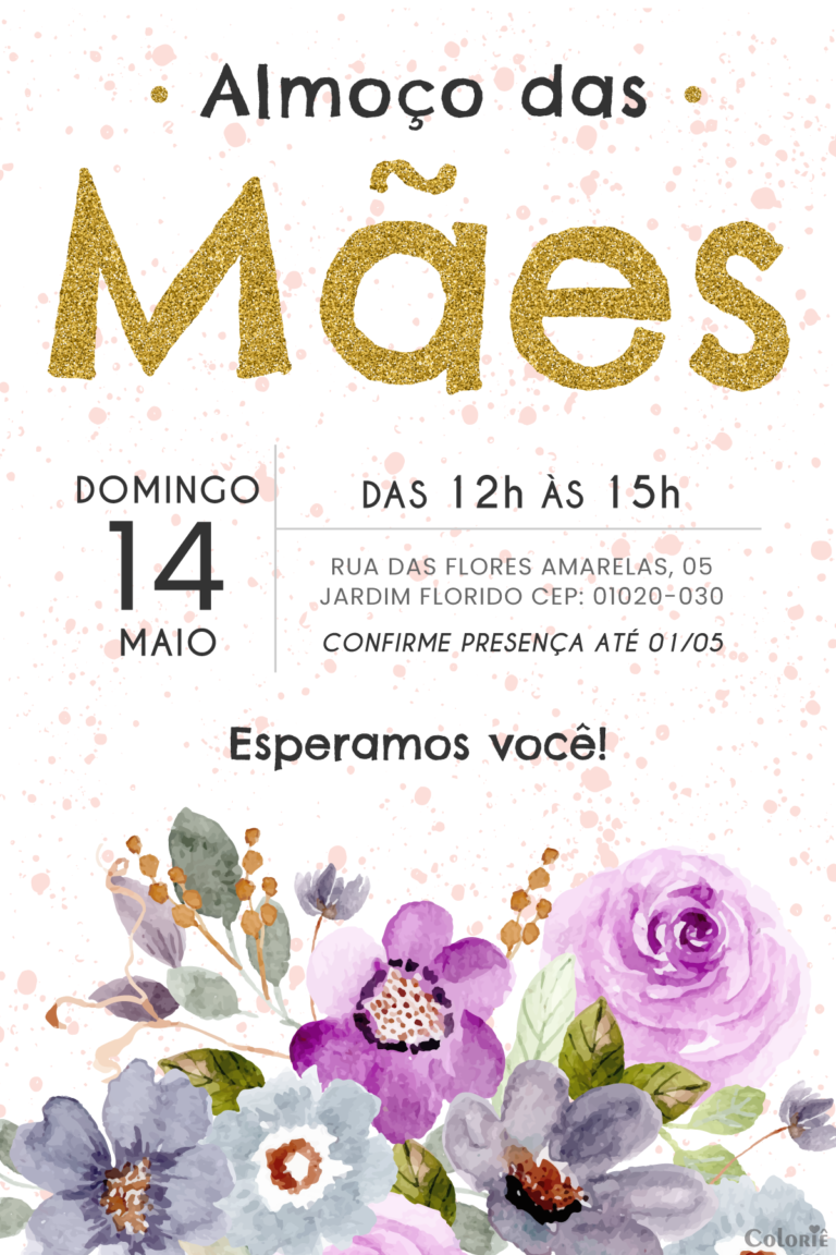 Convite digital de Dia das Mães dourado com flor lilás