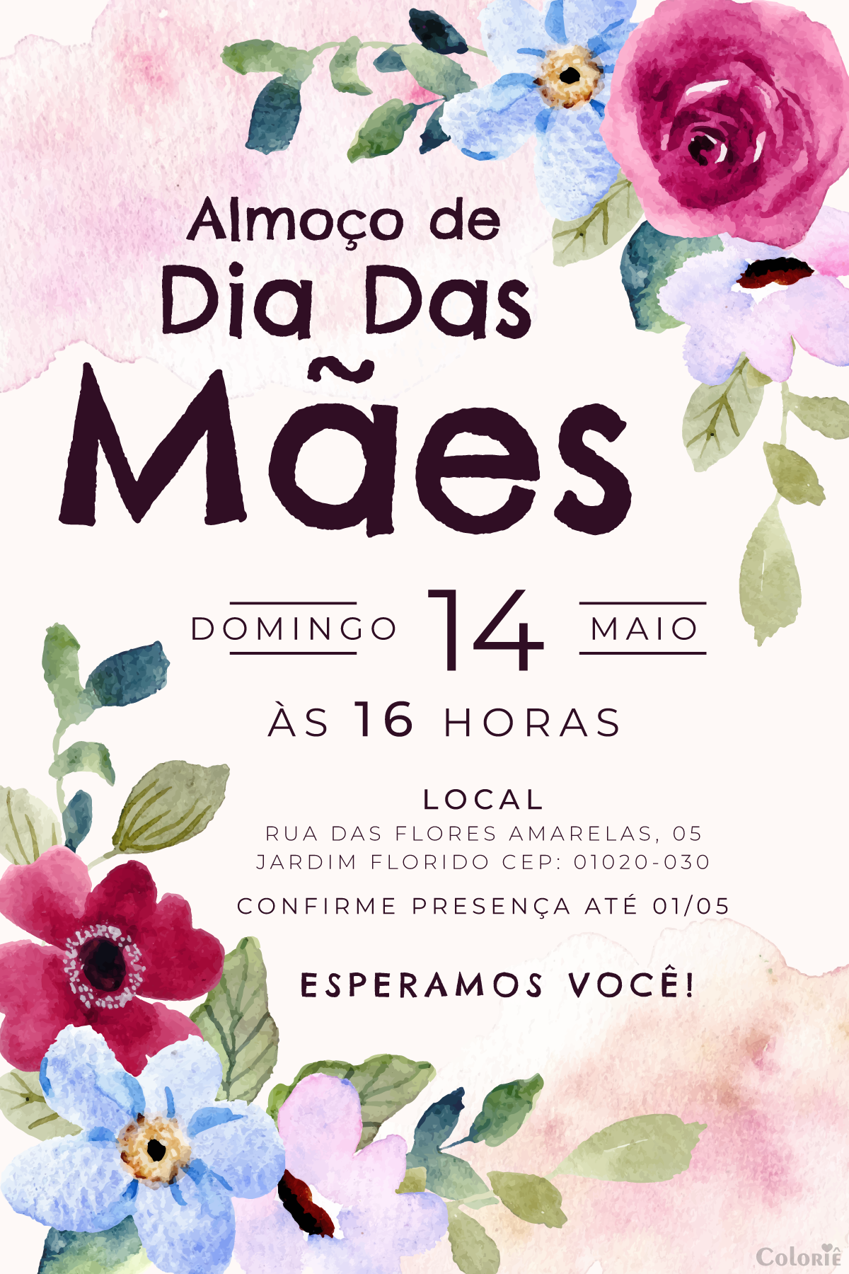 convite-dia-das-maes-floral-aquarela-festa-elegante Convite digital de Dia das Mães floral com efeito aquarela