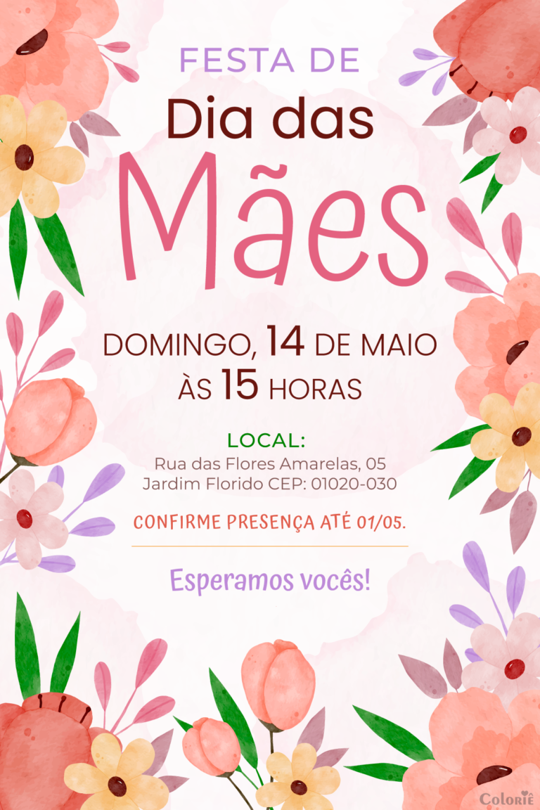 Convite digital de Dia das Mães com flores salmão e rosa