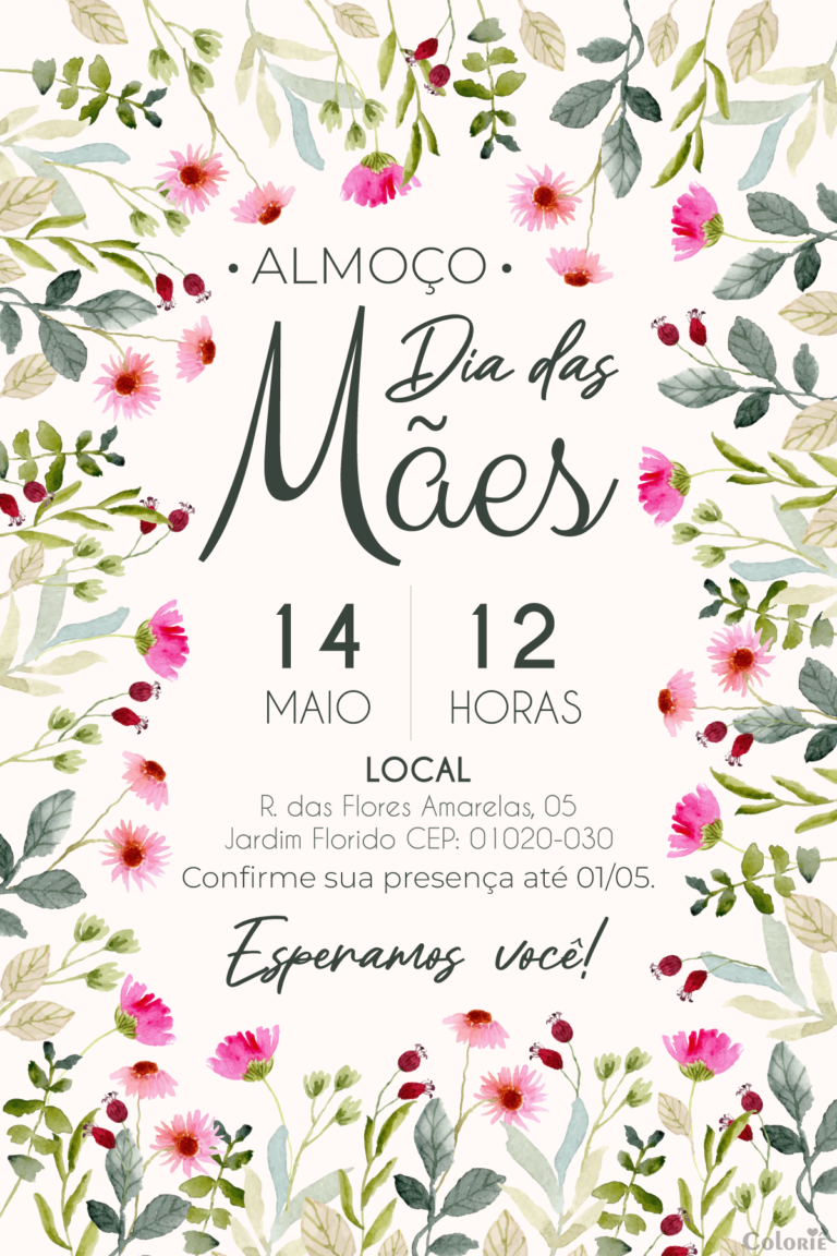Convite digital de Dia das Mães com folhas e flores delicadas