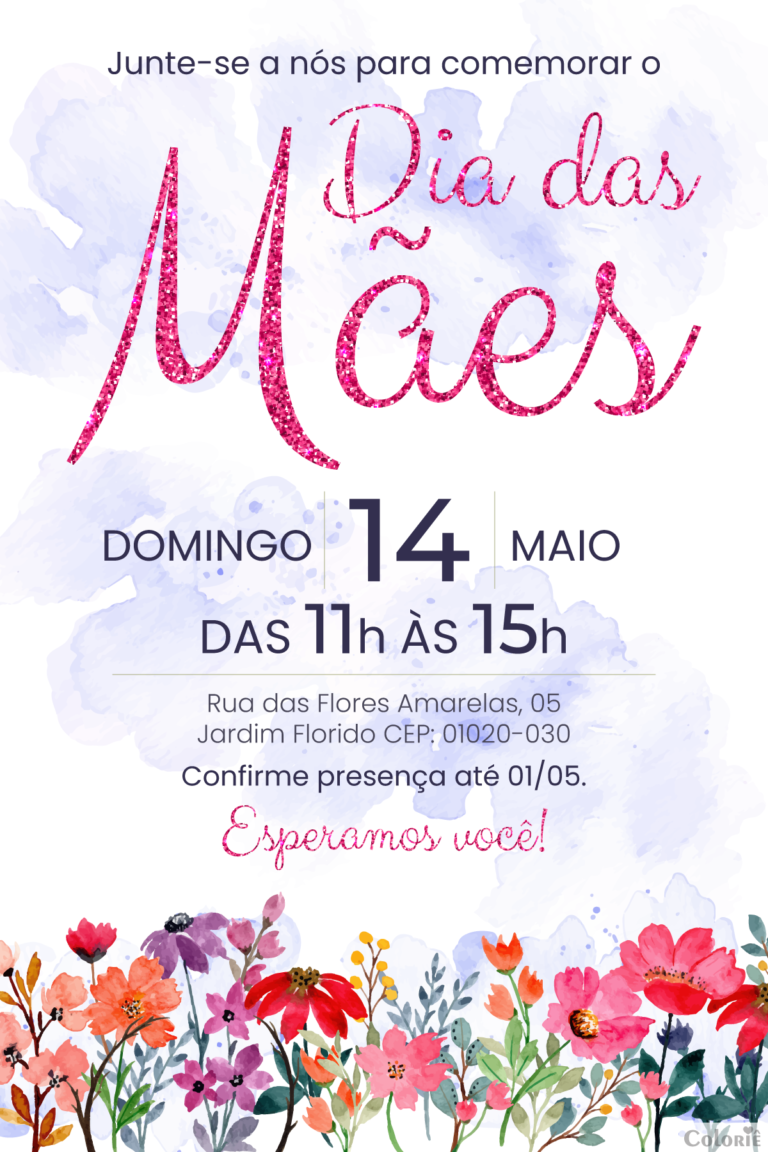 Convite digital de Dia das Mães com glitter pink e flores