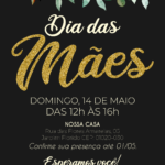 Convite digital de Dia das Mães preto com flor e detalhes dourados