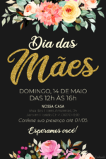 Convite digital de Dia das Mães preto com flor e detalhes dourados