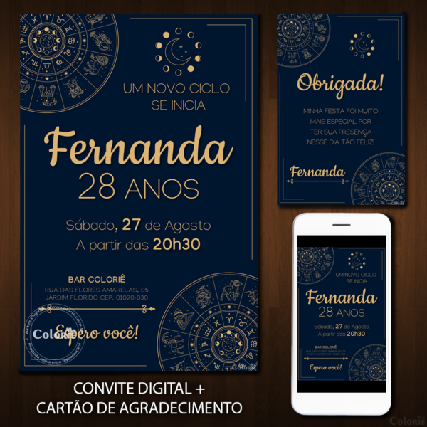 Convite Digital Astrologia: Signos Azul e Dourado + Brinde