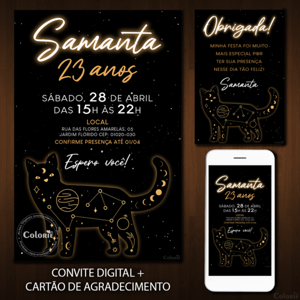 Convite Digital Astrologia: Gato Preto Constelação + Brinde