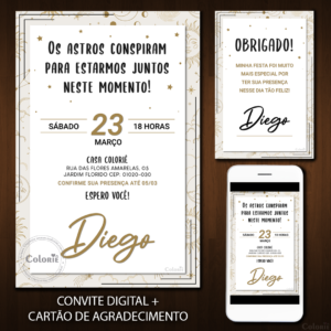 Convite Digital Astrologia: Branco, Dourado e Preto + Brinde