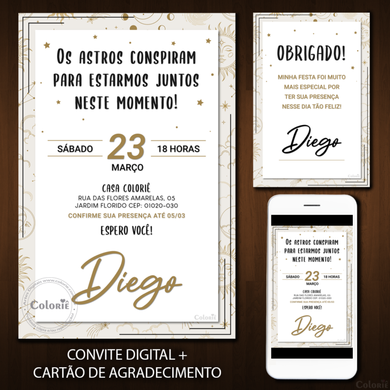Convite Digital Astrologia: Branco, Dourado e Preto + Brinde
