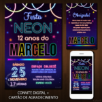 Convite Digital Neon: Fundo Estrelado com Neon + Brinde