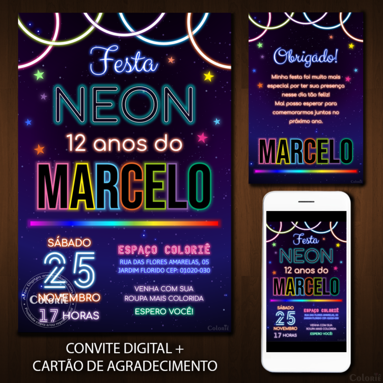 Convite Digital Neon: Fundo Estrelado com Neon + Brinde