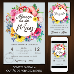 Convite Digital Dia das Mães: Azul, Preto e Floral + Brinde