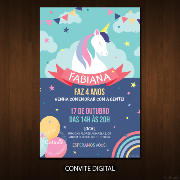 convite-de-unicórnio-para-festa-infantil-com-estrelinhas