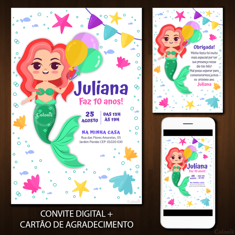 Convite Digital Sereia: Balões E Conchas