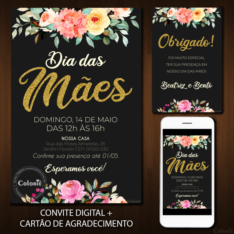 Convite Digital Dia das Mães: Preto, Flor e Dourado + Brinde