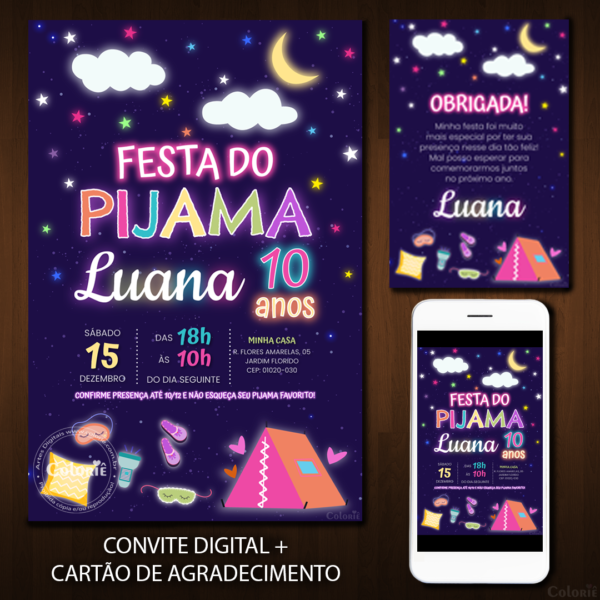 Convite Digital Pijama: Neon, Barraca e Estrelas + BRINDE