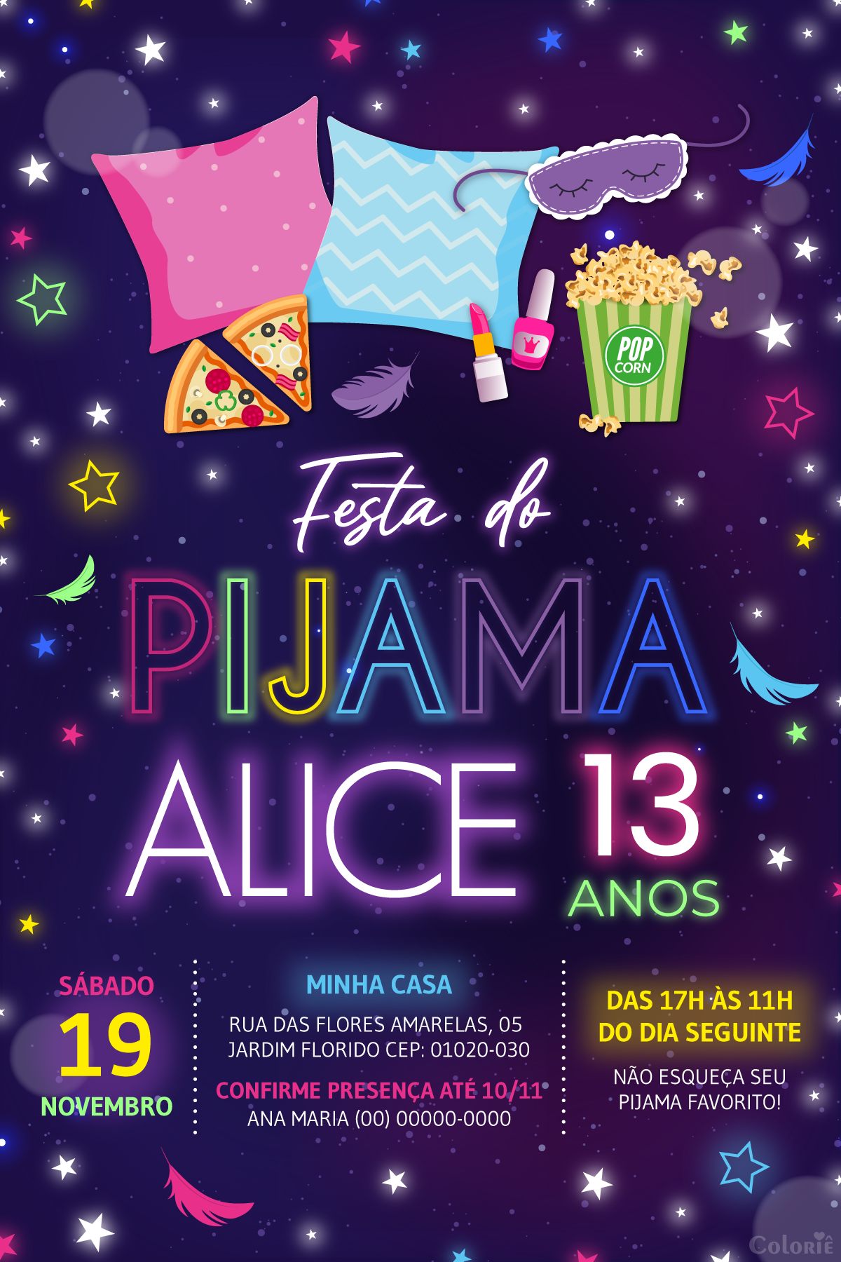 convite-festa-do-pijama-meninas-neon-noite-divertida Convite digital de festa do pijama neon para noite das meninas