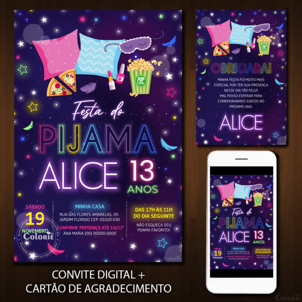 Convite Digital Pijama: Noite das Meninas Neon + Brinde