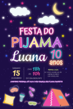 Convite digital de festa do pijama neon com barraca e estrelas