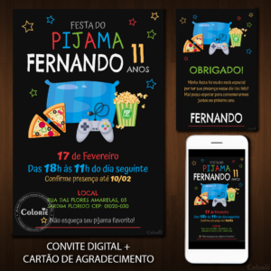 Convite Digital Pijama: Pizza, Vídeo Game e Pipoca + Brinde
