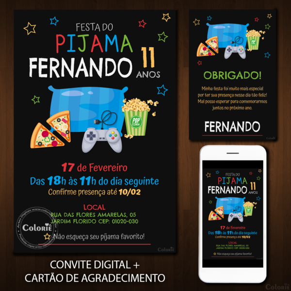 Convite Digital Pijama: Pizza, Vídeo Game e Pipoca + Brinde