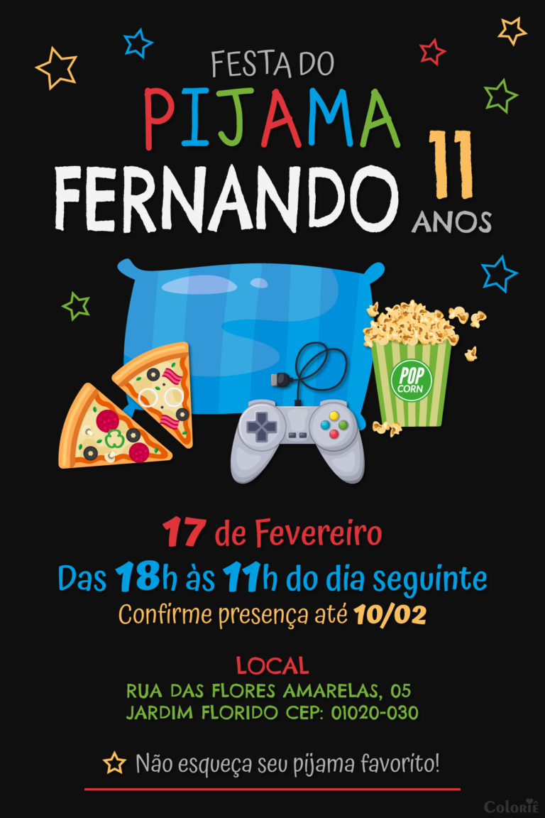 Convite digital de festa do pijama com pizza, videogame e pipoca