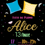 Convite digital de festa do pijama preto com almofadas e penas
