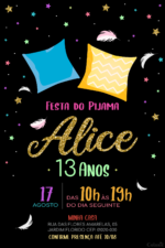 Convite digital de festa do pijama preto com almofadas e penas