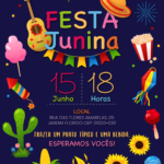 Convite digital de festa junina azul com elementos coloridos