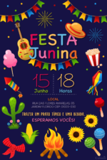 Convite digital de festa junina azul com elementos coloridos