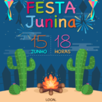 Convite digital de festa junina com cactos e fogueira