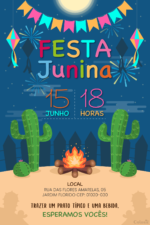 Convite digital de festa junina com cactos e fogueira