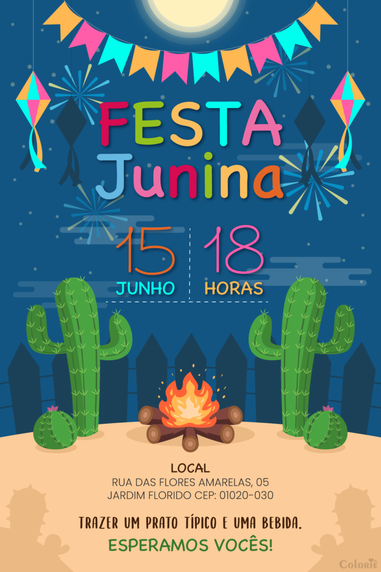 Convite digital de festa junina com cactos e fogueira