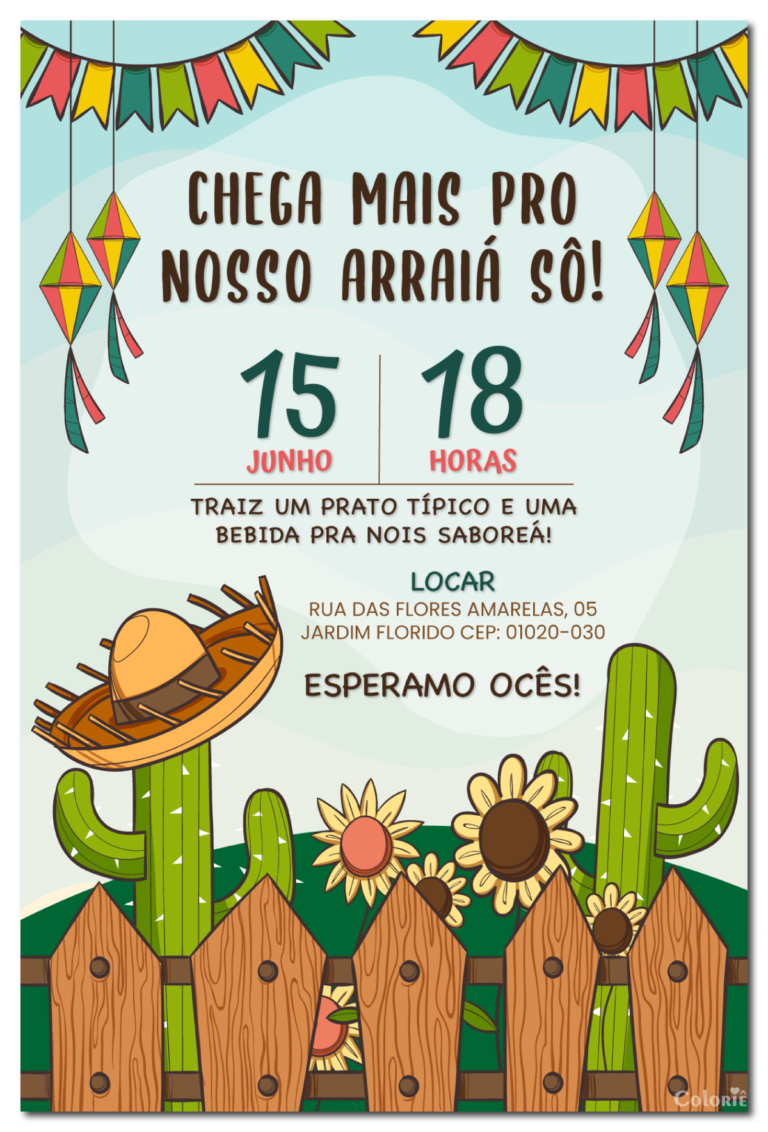 Convite digital de festa junina com cerca e cactos
