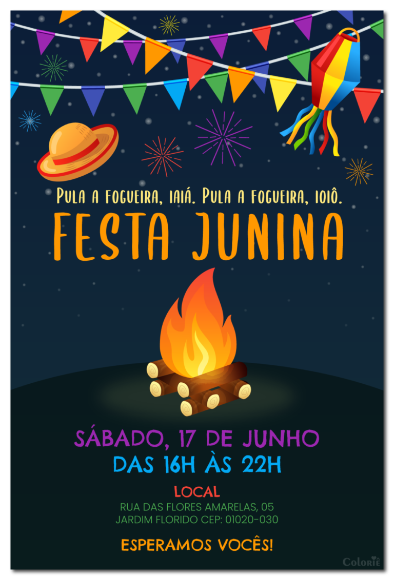 Convite digital de festa junina com fogueira à noite