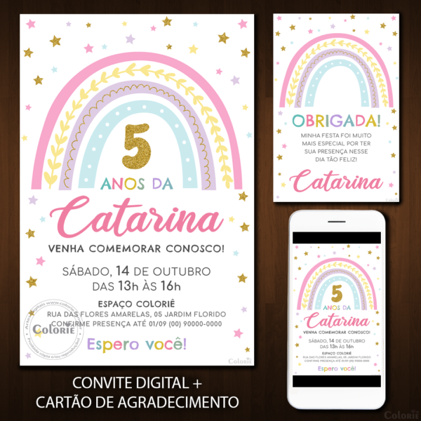 Convite Digital Arco-íris: Fofinho Cores Claras + Brinde