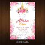 convite-de-unicórnio-com-flores-rosas