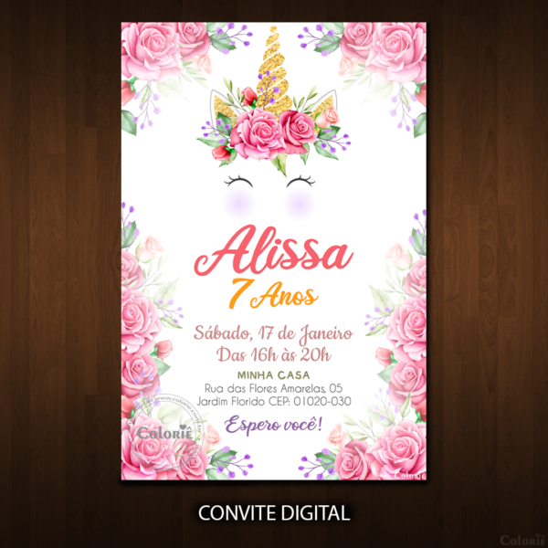 convite-de-unicórnio-com-flores-rosas