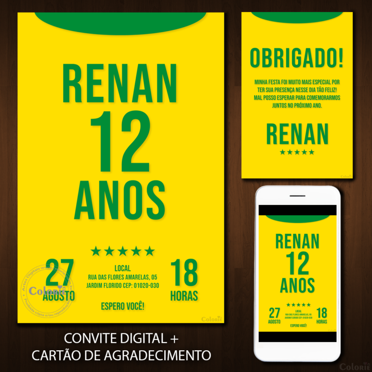 Convite Digital Futebol: Camisa do Brasil Amarela + Brinde