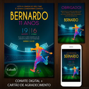 Convite Digital Futebol: Estádio e Jogador Colorido + Brinde