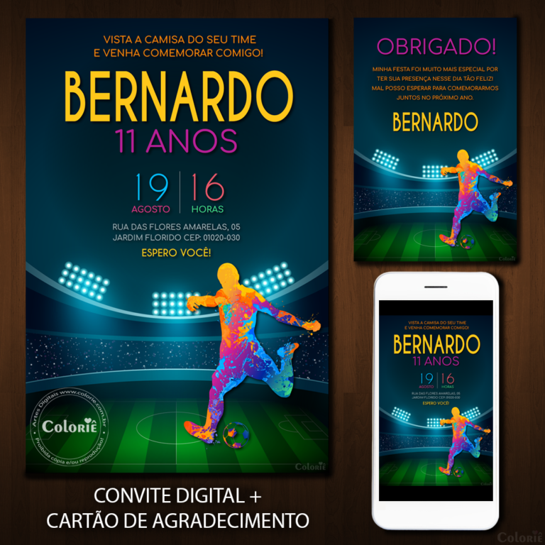 Convite Digital Futebol: Estádio e Jogador Colorido + Brinde