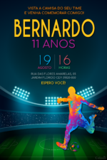 Convite digital de futebol com estádio e jogador colorido