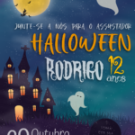 Convite digital de Halloween com castelo, fantasmas e lua para festa