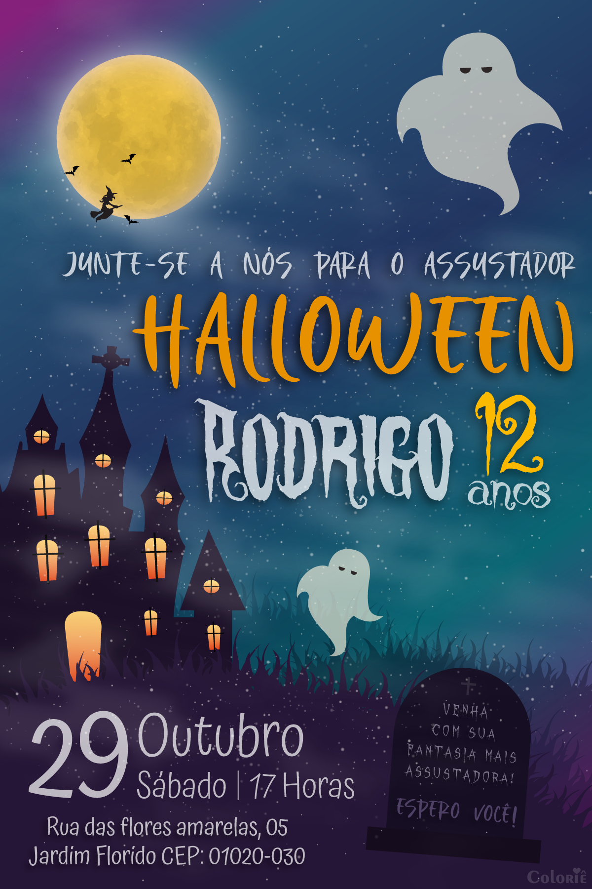 Convite digital de Halloween com castelo, fantasmas e lua para festa