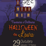 Convite digital de Halloween com castelo, lua e morcegos para festa