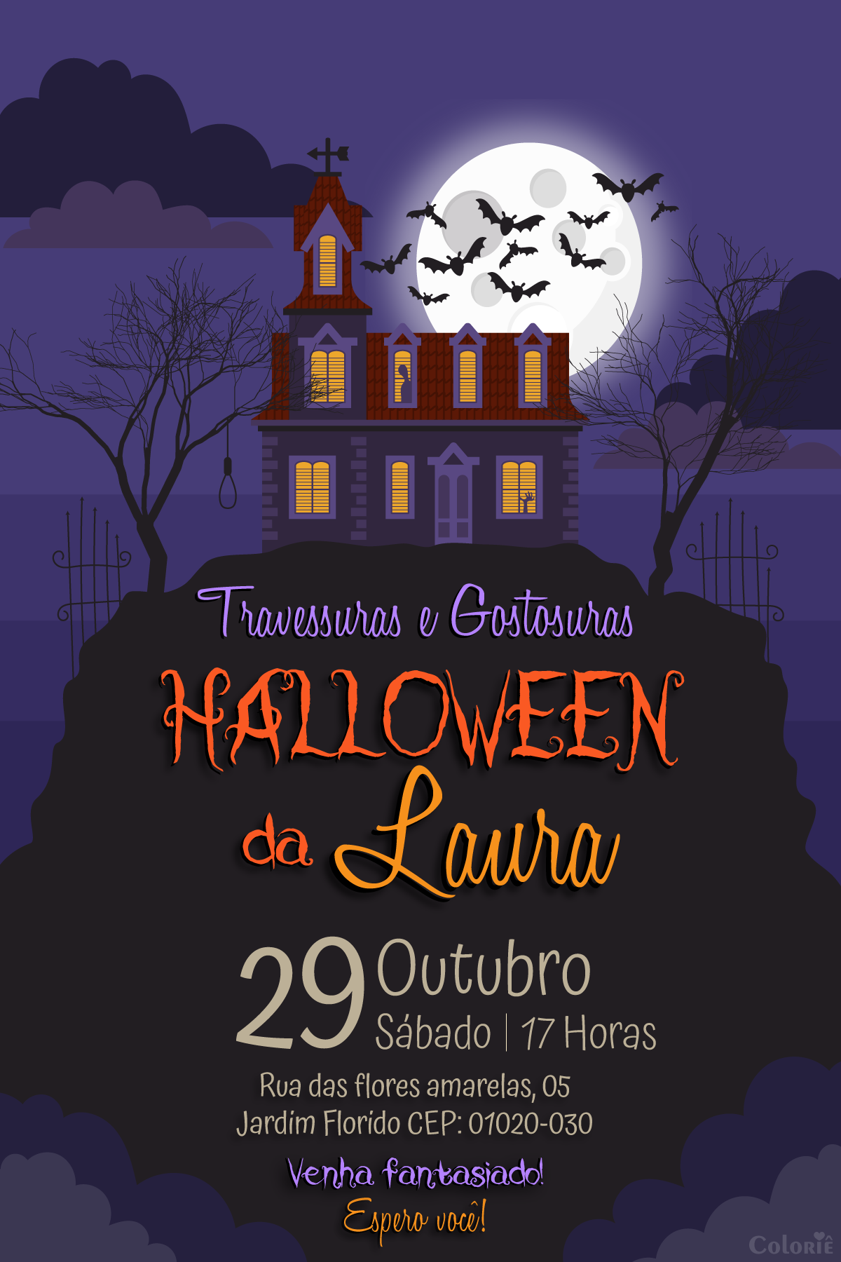Convite digital de Halloween com castelo, lua e morcegos para festa