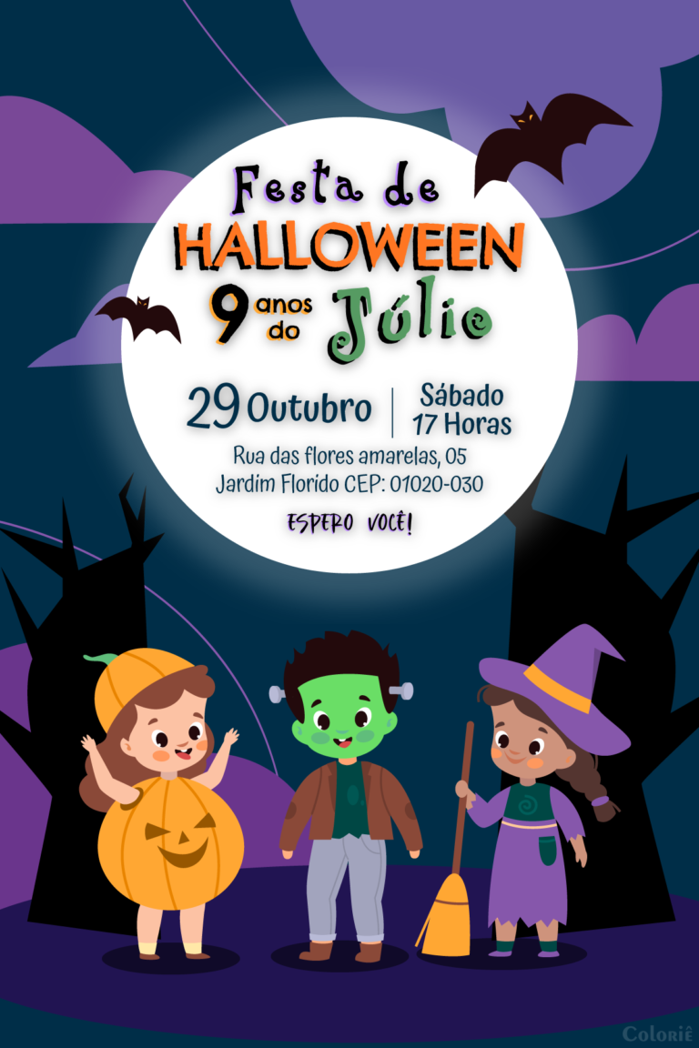 Convite digital de Halloween com pessoas fantasiadas para festa