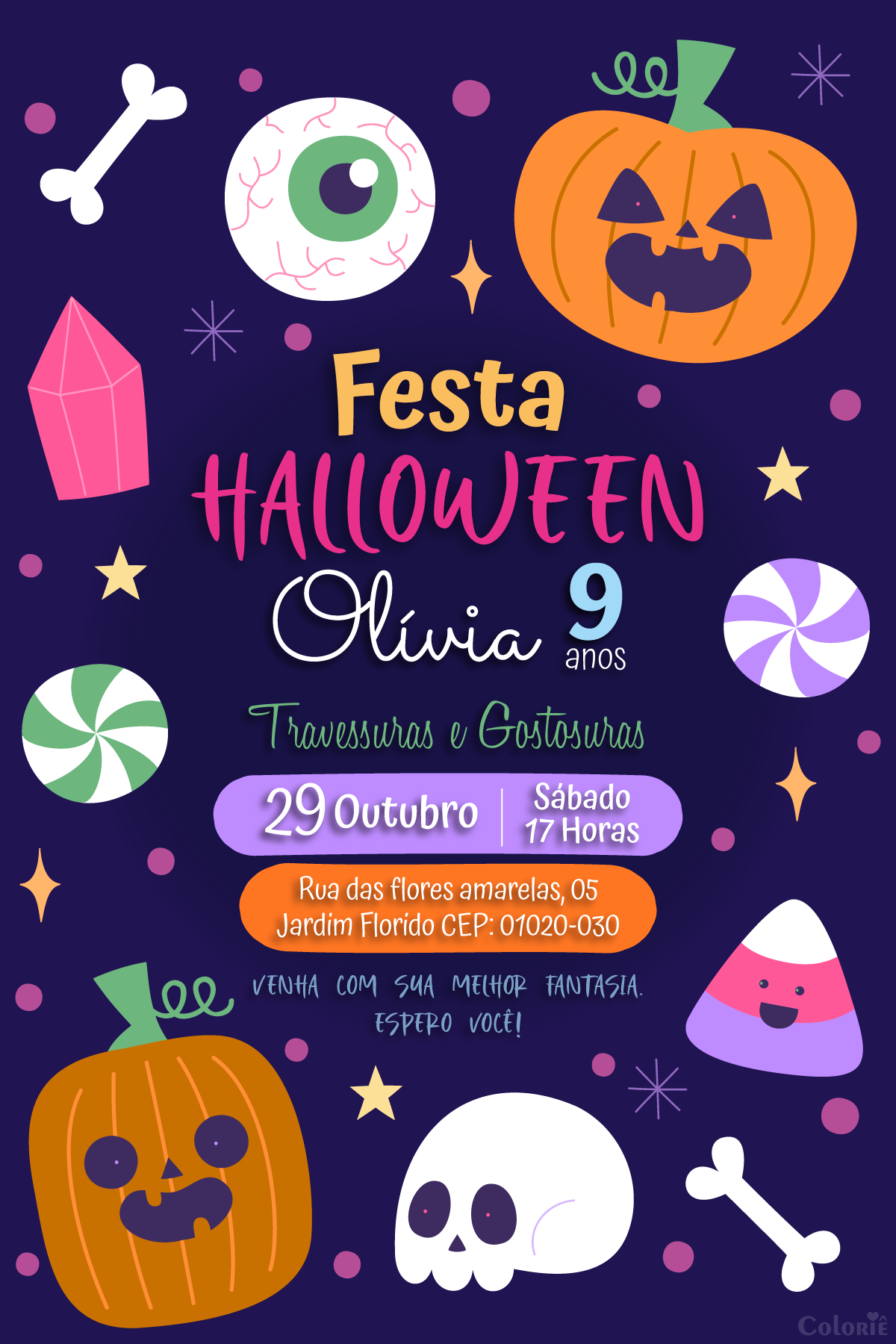 Convite digital de Halloween com doces para festa temática
