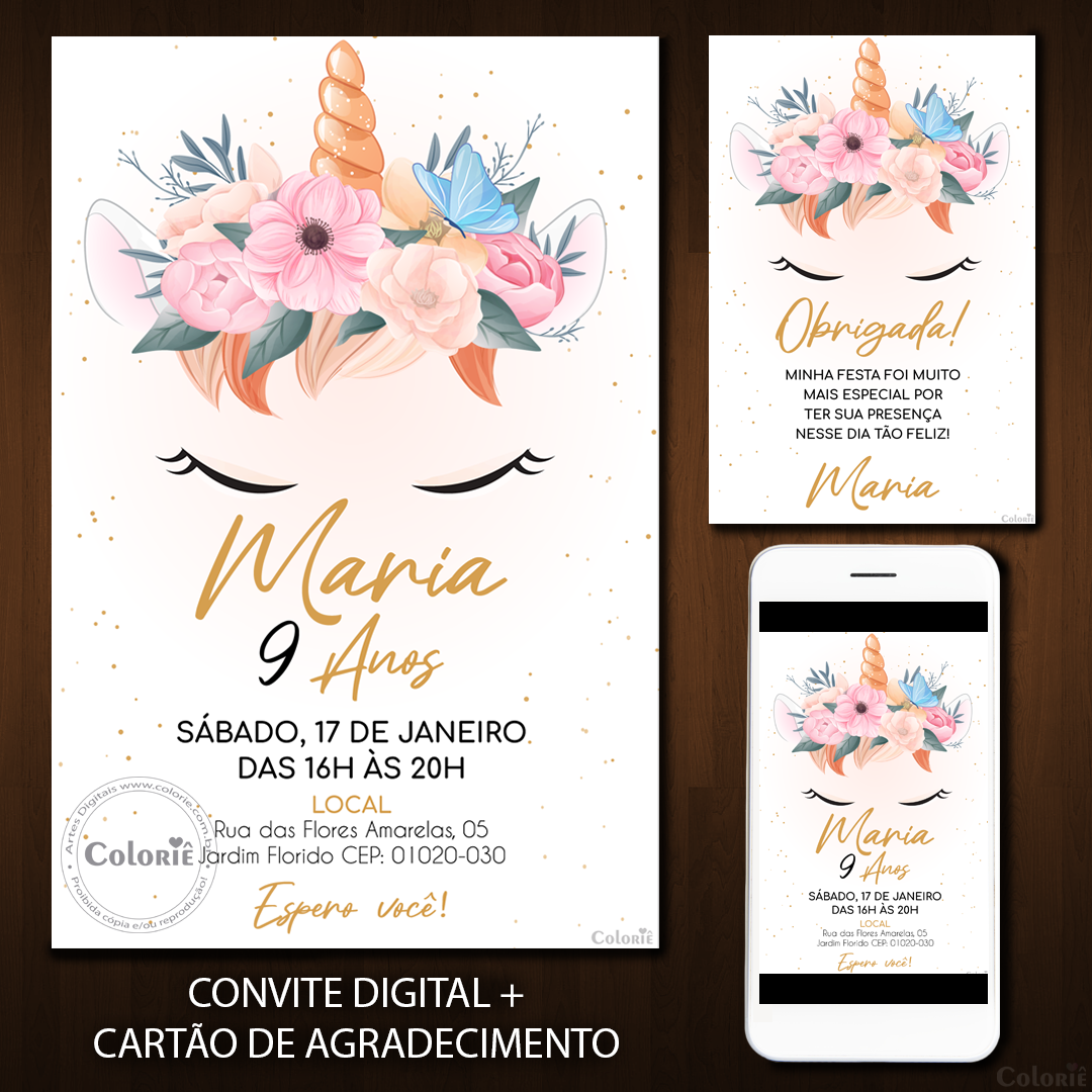 Convite Digital Unicórnio: Minimalista + Brinde